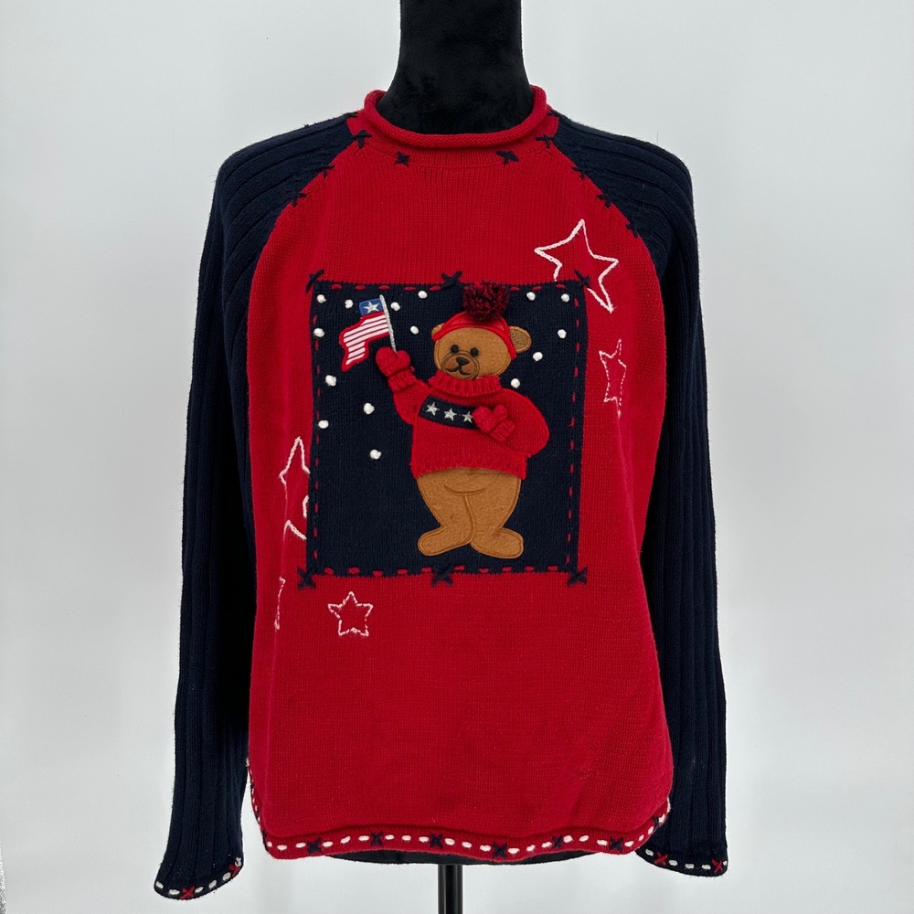 Karen Scott Sport Large Red White‎ Blue Sweater USA Flag July 4th Bear Cotton